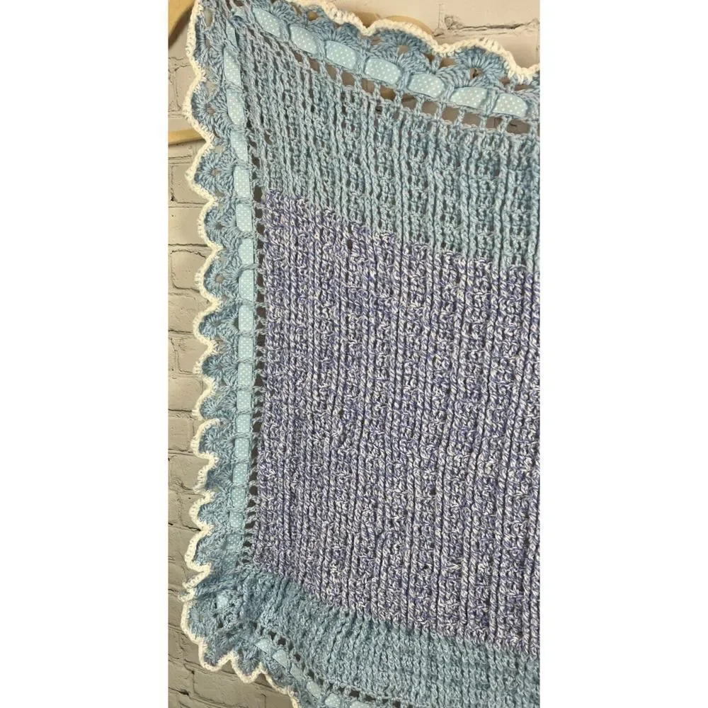 Handmade Acrylic Crochet Knit Afghan Blanket Granny Blue Lilac Bow NWOT